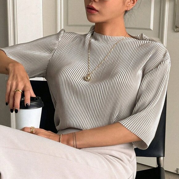 Light Grey Casual Women's Solid Mock Neck Drop Shoulder Tee - Picture 7 of 8